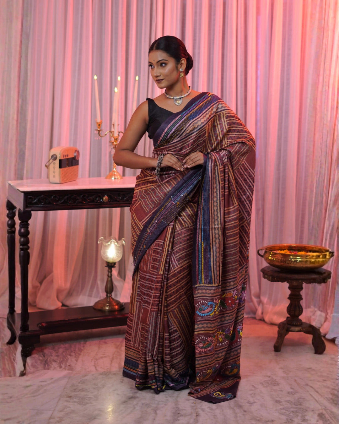 Pure Tussar Hand Block Ajrakh Kantha Saree