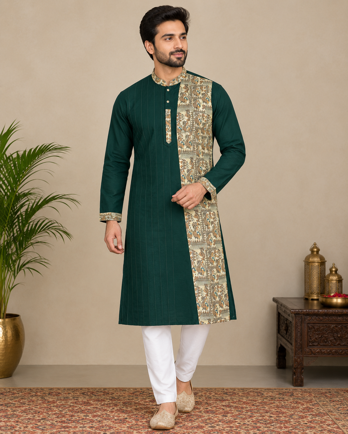Emerald Green Printed Panel Designer Kurta