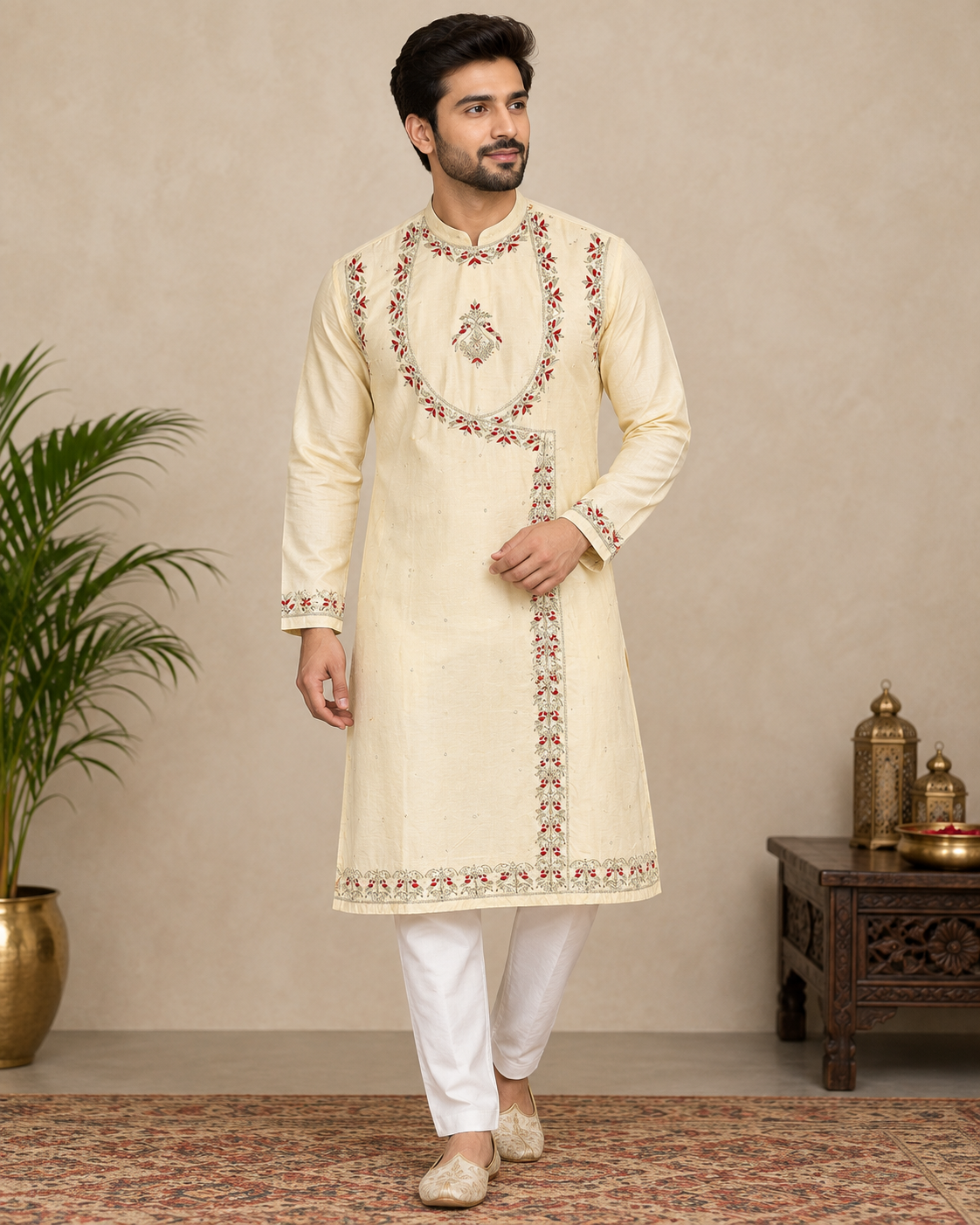 Ivory Cream Floral Embroidered Designer Kurta