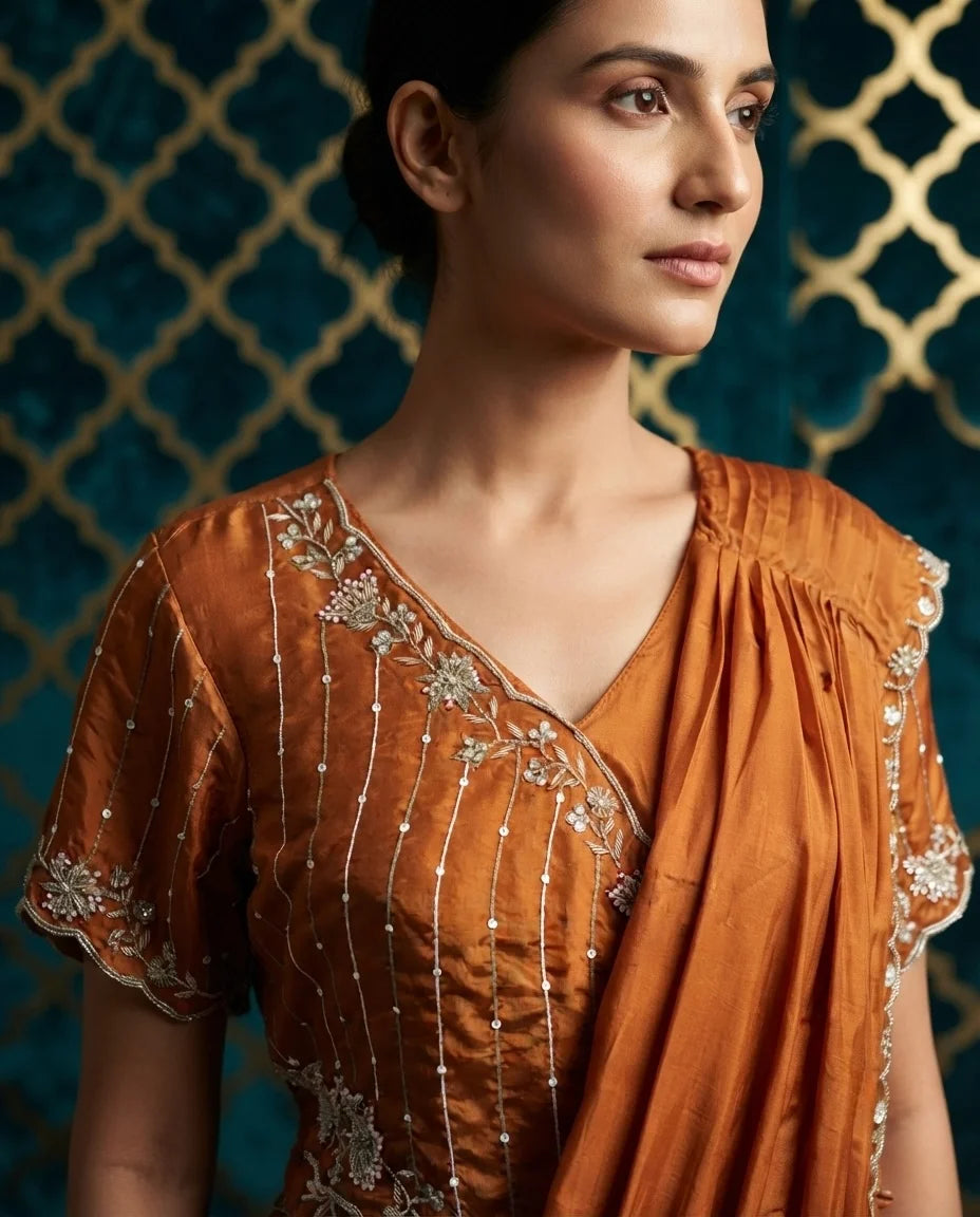 Rust Orange Embroidered Pre-Draped Saree