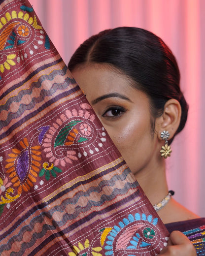 Pure Tussar Hand Block Ajrakh Kantha Saree
