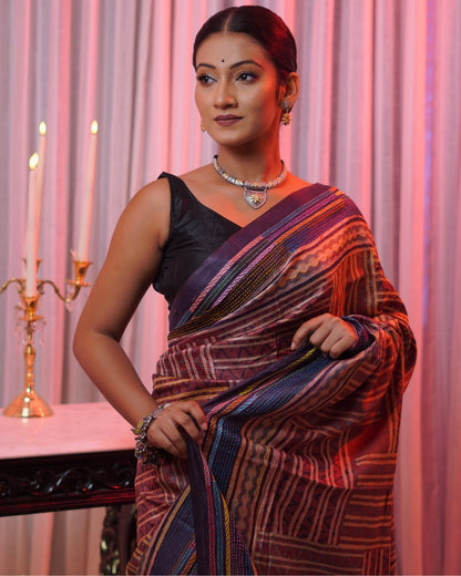 Pure Tussar Hand Block Ajrakh Kantha Saree