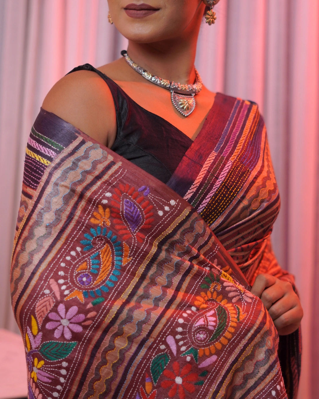Pure Tussar Hand Block Ajrakh Kantha Saree