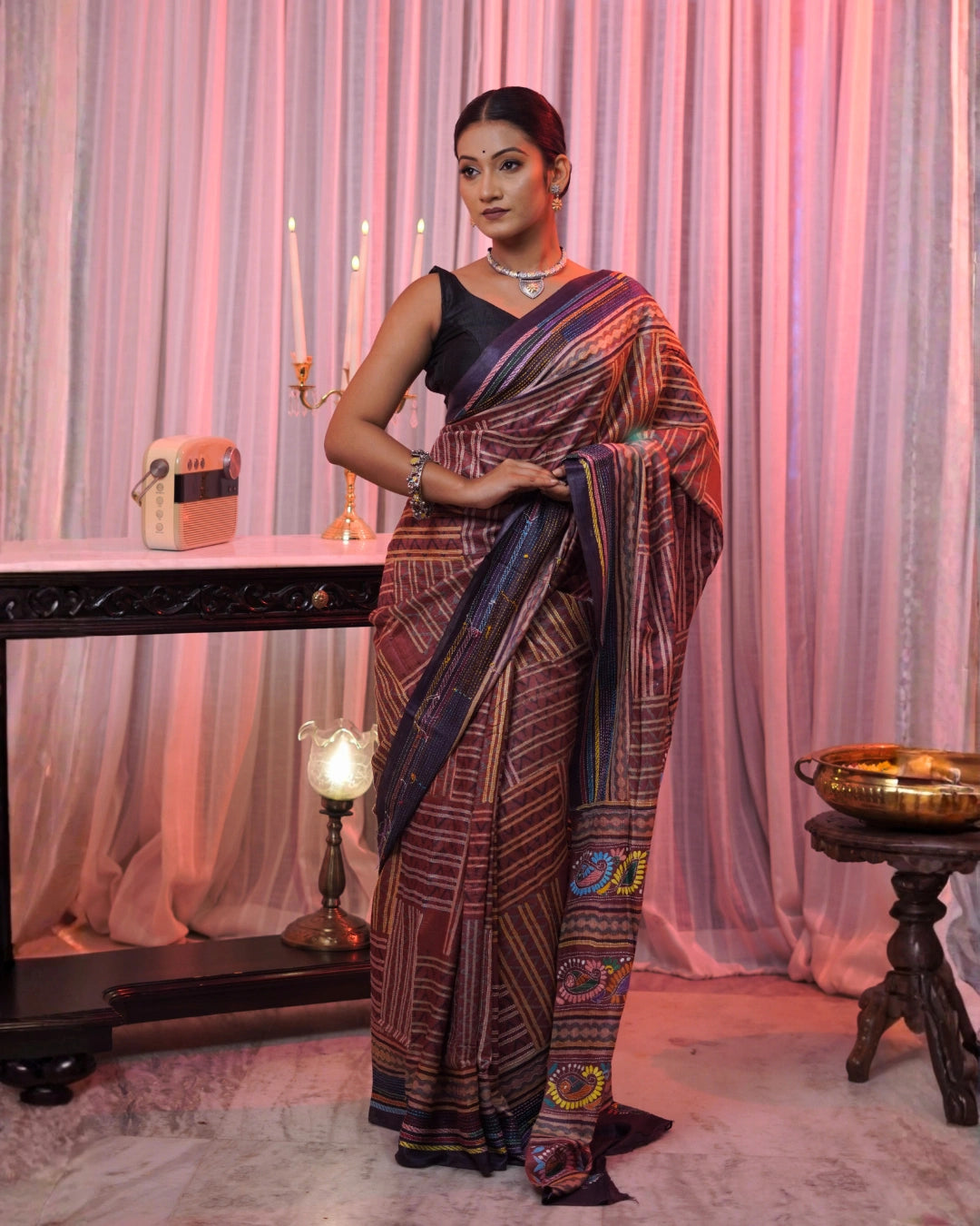 Pure Tussar Hand Block Ajrakh Kantha Saree