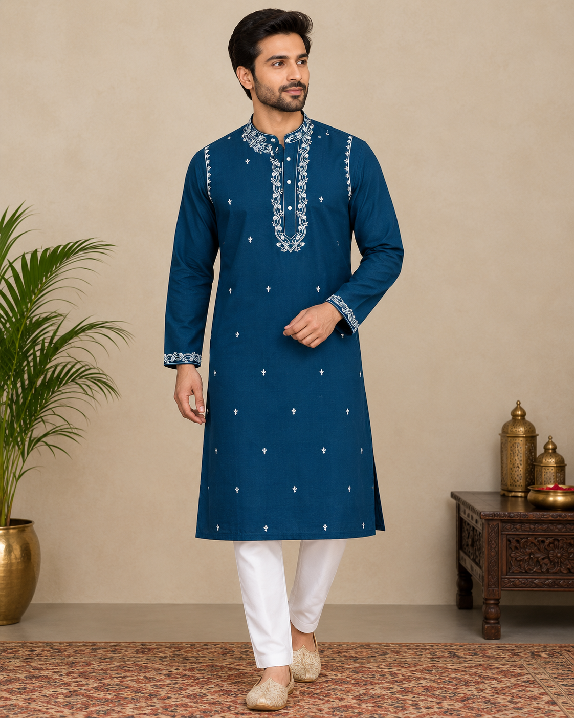 Teal Blue Embroidered Designer Kurta