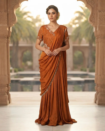 Rust Orange Embroidered Pre-Draped Saree