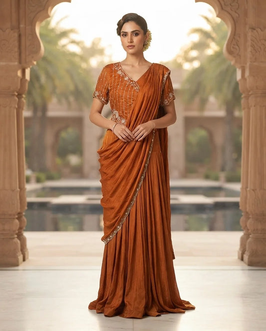 Rust Orange Embroidered Pre-Draped Saree