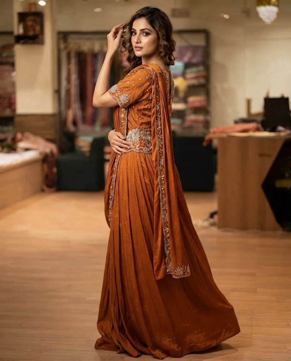 Rust Orange Embroidered Pre-Draped Saree