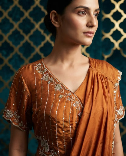 Rust Orange Embroidered Pre-Draped Saree