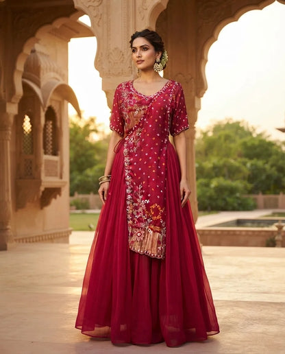 Wine Pink Embroidered Designer Fusion Lehenga Set