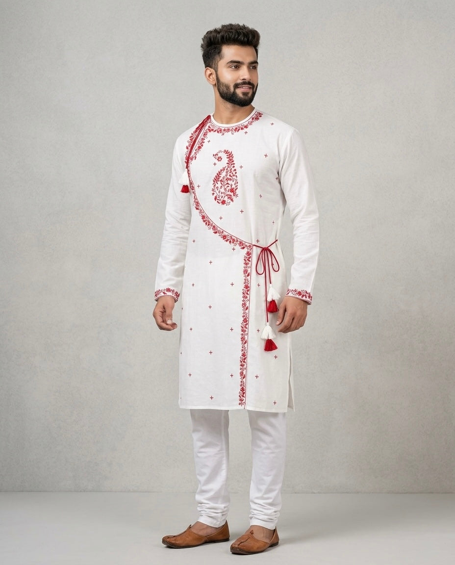 Ivory White Red Embroidered Designer Kurta