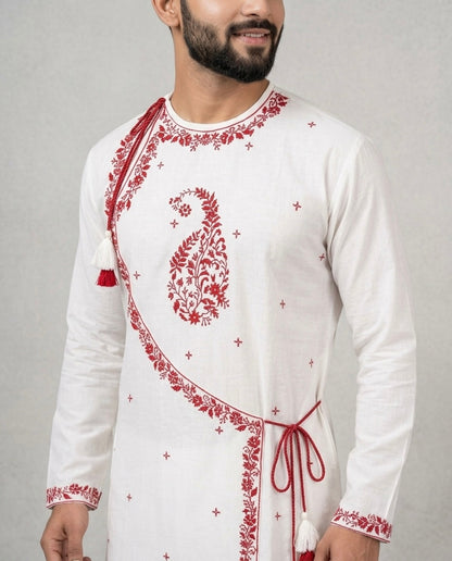 Ivory White Red Embroidered Designer Kurta